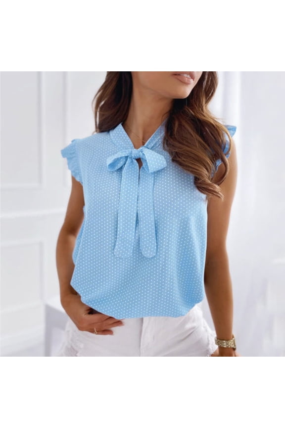 Blouses for Women Dressy Casual Elegant Bow Front Ruffle Trim Neck Tops Flounce Cap Sleeve Button Front Regular Fit Shirts Blue XXL