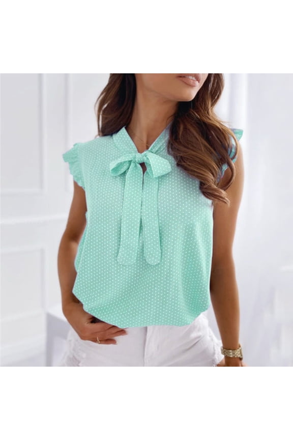 Blouses for Women Dressy Casual Elegant Bow Front Ruffle Trim Neck Tops Flounce Cap Sleeve Button Front Regular Fit Shirts Mint Green M