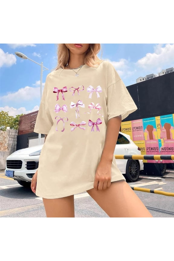 Bow Graphic Tees for Women Oversized Trendy Shirts Crew Neck Short Sleeve Casual Summer T-Shirt Y2K Tops Streetwear Khaki L