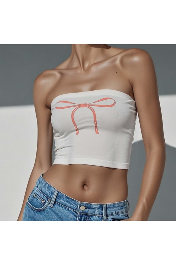 Bow Graphic Tube Tops for Women Strapless Sleeveless Bandeau Asymmetric Flowy Summer Y2K Top White L