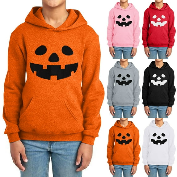 TrendOFT Boys Halloween Hoodies Pumpkin Face Graphic Sweatshirt Long Sleeve Scary Hooded Shirt Orange 11-12 Years