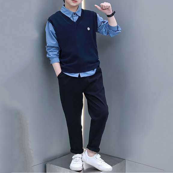 TrendOFT Boys Outfits Set Spring Fall Outfit Older Kids Smart Academy Style Long Sleeve Shirt Vest Three Piece Wear Boys' Clothing Sets Blue