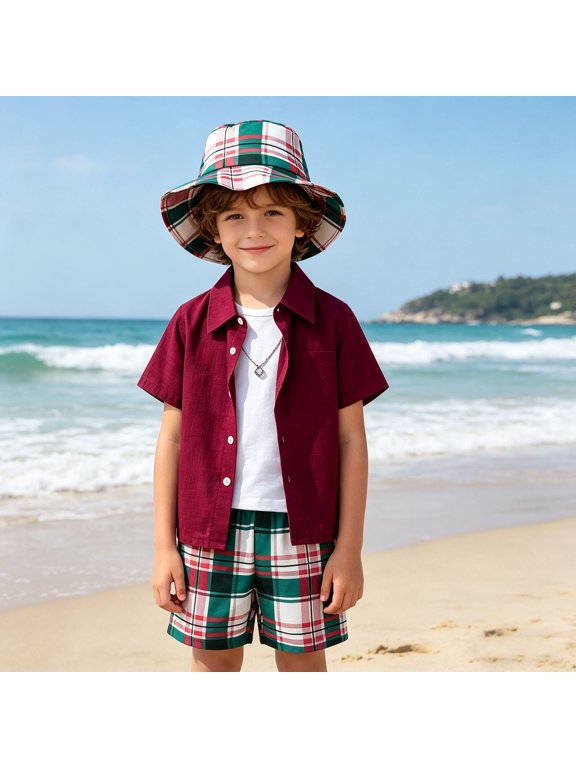 Boys Outfits Set Summer Plaid Short Sleeve Shirt Shorts Breathable Casual Academy Style Suit Boy's Lounge Sets Red