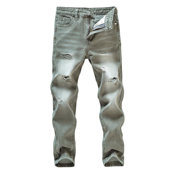 TrendOFT Boys Fit Cotton Ripped Destroyed Distressed Slim Jeans Kids Stacked Washed Denim Pants Slacks for Boy 10-14 Years Brown