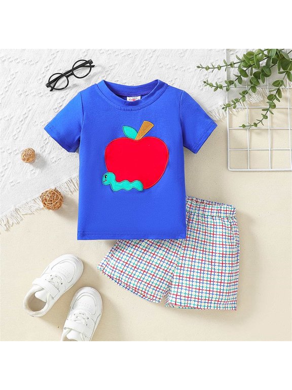 Boys Summer Outfits Set Kids Casual Summer Outfit Short Sleeve Apple Print T Shirt Plaid Shorts Fashion Daily Wear Boy's Lounge Sets Blue