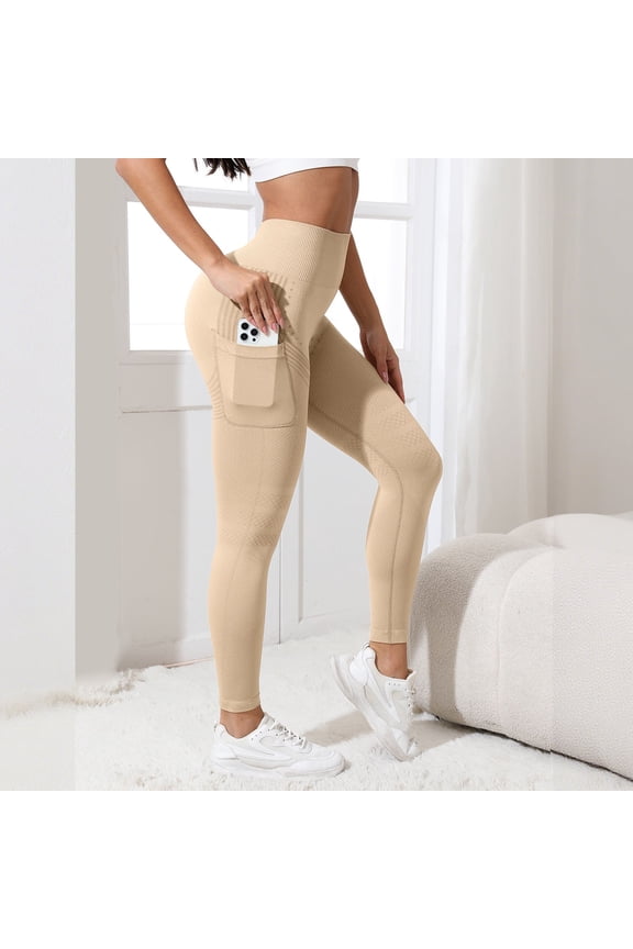 Lifting Leggings for Women Tummy Control High Waisted Yoga Pants Workout Gym Athletic Legging with Pockets Beige L