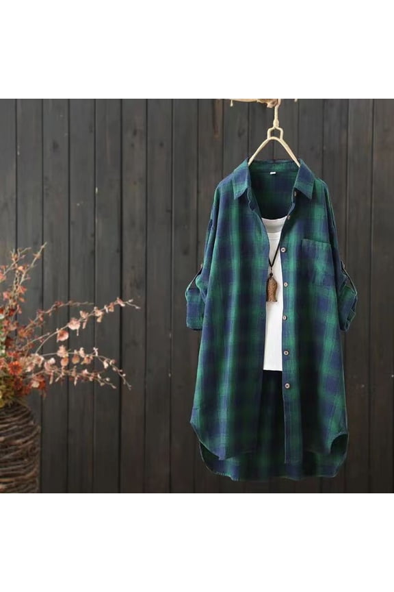 Button Down Plaid Shirts for Women Mid Long Casual Boyfriend Buffalo Pockets Shirt Jacket Shacket Coat Green L