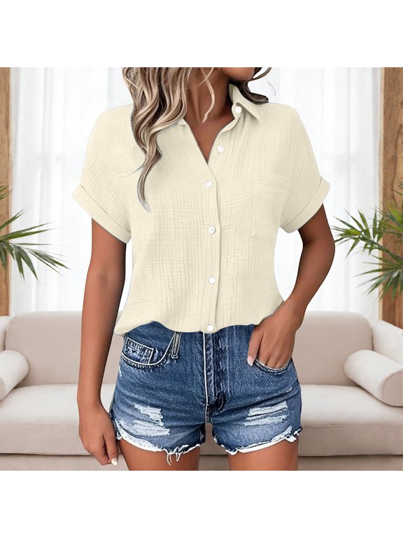 Button Down Shirts For Women Solid Color Button Up Casual Top Simple Basic Breathable Fabric All Season Summer Tops Beige XXL