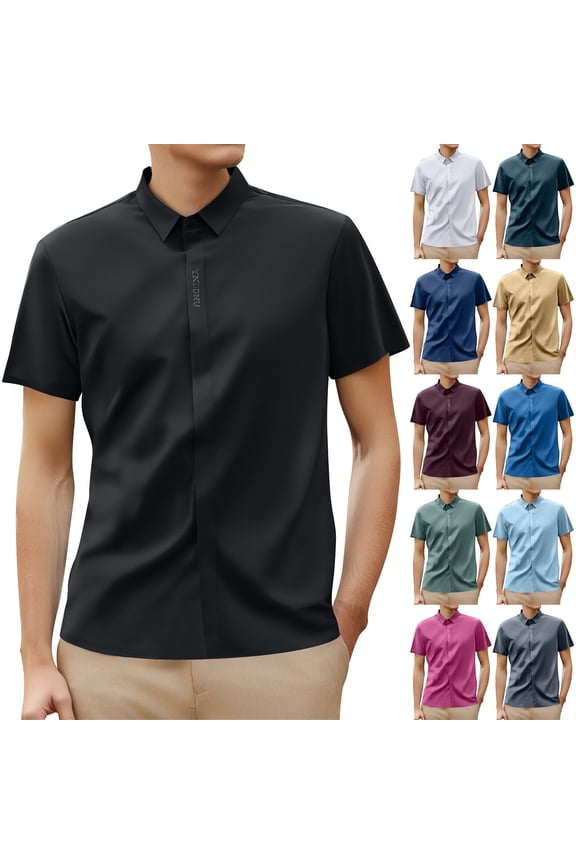 Button Down Shirt Men Summer Ice Silk High Stretch Seamless Business Short Sleeve Button Front Top Smooth Cool For Middle Age Formal And Semi Formal Wear Mens Summer Tops Army Green