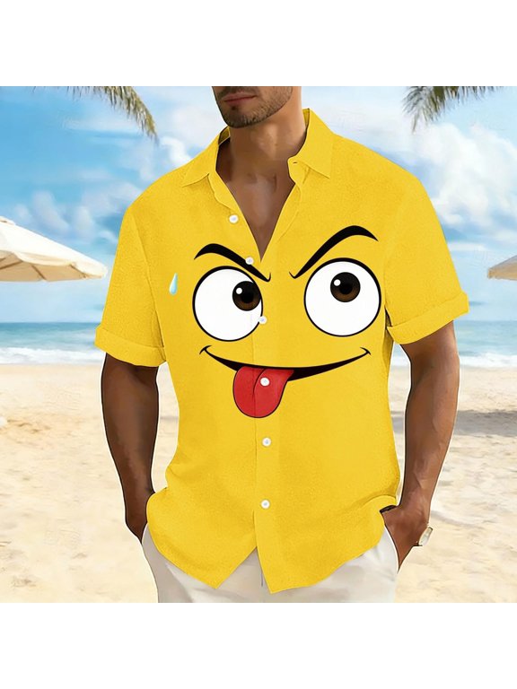Button Down Shirts For Men 3D Realistic Face Graphic Full Print Short Sleeve Turn Down Collar Button Top Free Light For Summer Casual Beach Resort Wear Mens Beach Tees Yellow