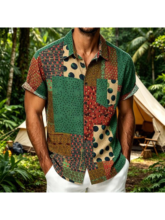 Button Down Shirts For Men 70S Retro Abstract Print Lapel Long Sleeve Casual Top Washed Vintage Cotton For Fall Street Trend And Layer Styling Mens T Shirts Green