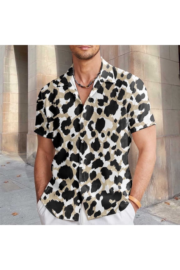 Button Down Shirts For Men Chic All Over Pattern Print Casual Short Sleeve Button Up Top Light Thin Designed For Summer Urban Fashion Casual Wear Mens T-Shirts Black