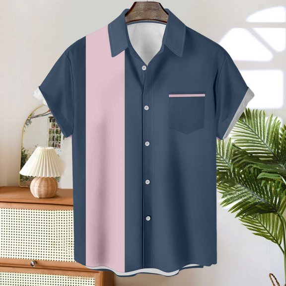 TrendOFT Button Down Shirts For Men Full All Over Wrap Around Graphic Print Short Sleeve Open Front Button Collared Top Airy Thin For Summer Beach Casual Resort Styling Mens Shirts Navy