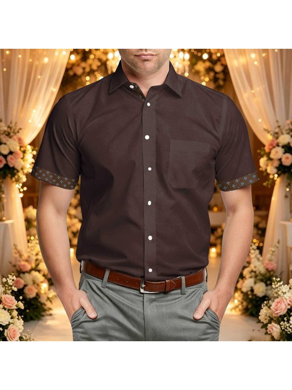 Button Down Shirts For Men Hem Contrast Color Block Lapel Short Sleeve Full Button Casual Top Soft Anti-Crease For Urban Casual And Beach Holiday Styling Mens T Shirts Brown