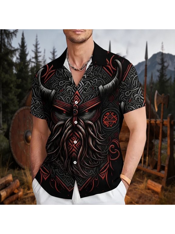 Button Down Shirts For Men Nordic Warrior Full Art Viking Graphic Print Short Sleeve Turn Down Collar Front Button Top Soft Free For Summer Beach Casual Mens Casual Tops Black