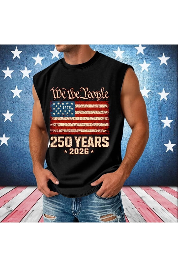 Casual Sleeveless Vests For Men 250 Years USA Independence Day Flag Pattern Spring Summer Tops Elastic For Holiday Events Daily Outdoor Activities Patriotic Vests