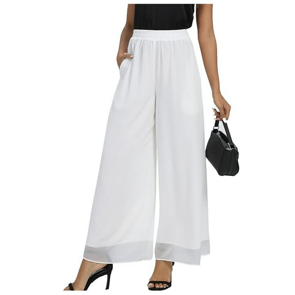 TrendOFT Chiffon Wide Leg Dress Pants for Women High Elastic Waist Casual Flowy Business Dress Palazzo Pants Trousers White M