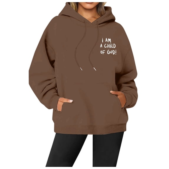 TrendOFT Christian Hoodies For Women I Am A Child Of God Jesus Graphic Sweatshirt Casual Fall Pullover Tops With Pockets Drawstring Coffee L