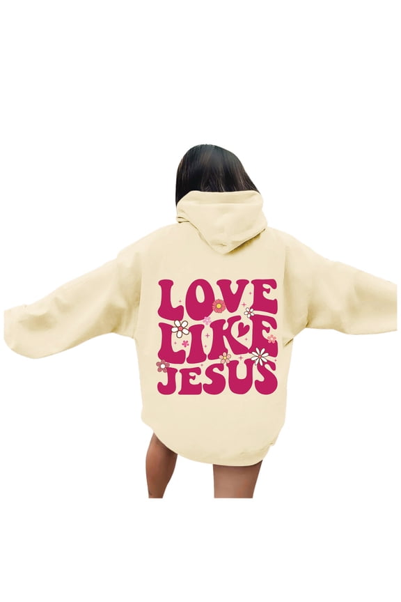 Christian Hoodies for Women Love Like Jesus Graphic Sweatshirt Bible Verse Religious Pullover Tops Beige L