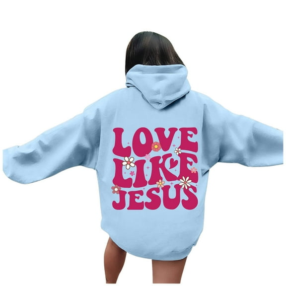 TrendOFT Christian Hoodies for Women Love Like Jesus Graphic Sweatshirt Bible Verse Religious Pullover Tops Light Blue S