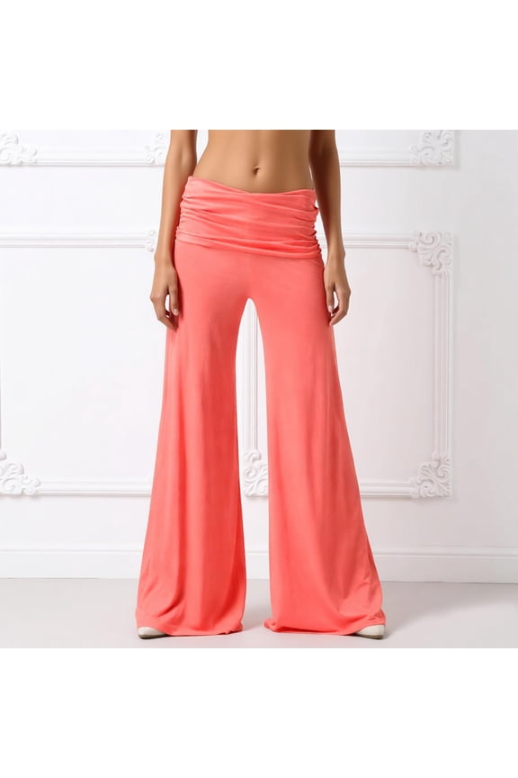 Coral Fold Over Yoga Pants for Women Loose Fit Wide Leg Lounge Pants with Ruched Waist Trendy Solid Palazzo Pant Orange S