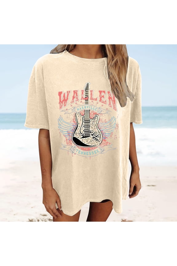 Country Music T Shirts for Women Oversized Retro Guitar Graphic Tees Crew Neck Short Sleeve Shirt Summer Tops Beige L