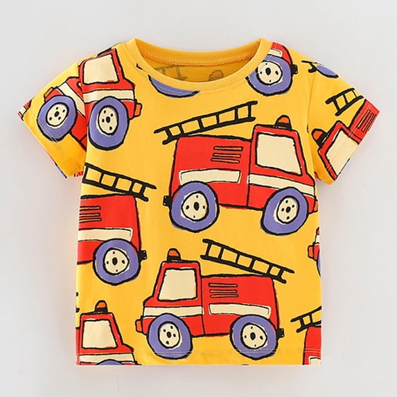 TrendOFT Crew Neck Boys T Shirts Fire Truck Print Pullover Casual Short Sleeve Soft Cotton For Toddler Little Kids Wear Boys Tops