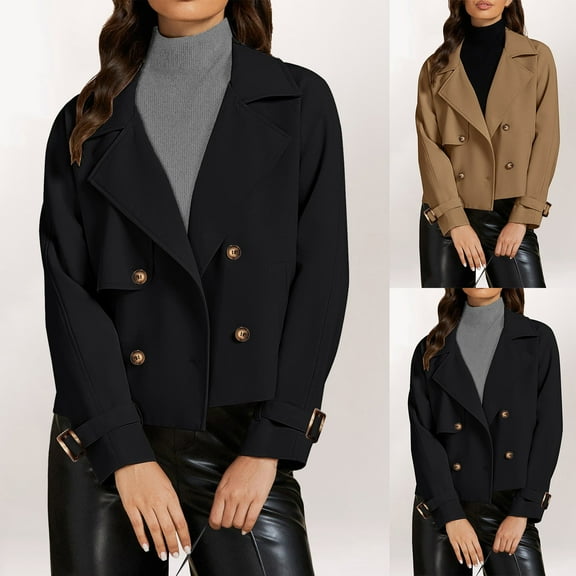 TrendOFT Cropped Trench Coat for Women Double Breasted Notched Lapel Casual Loose Fit Jackets with Pockets Long Sleeve Elegant Outwear Black L