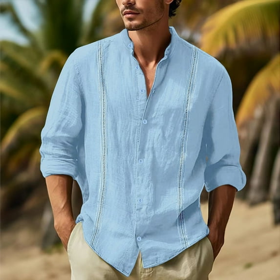TrendOFT Cuban Guayabera Shirts for Men Button Down Shirts Casual Long Sleeve Summer Beach T-Shirt Blue XXL