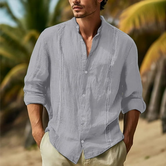 TrendOFT Cuban Guayabera Shirts for Men Button Down Shirts Casual Long Sleeve Summer Beach T-Shirt Grey L