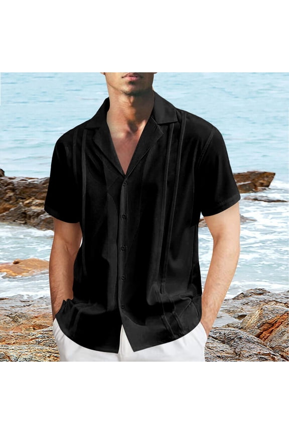 Cuban Guayabera Shirts for Men Casual Short Sleeve Button Down Shirts Notched Collar Thin Summer Beach T-Shirt Black L