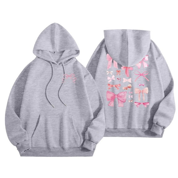 TrendOFT Cute Bow Graphic Hoodies for Women Oversized Pretty Sweatshirt for Teen Girls Y2K Long Sleeve Hooded Pullover Tops Grey L