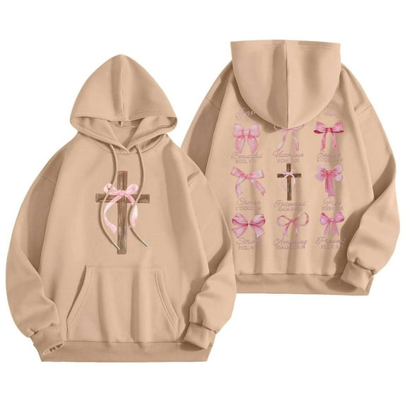 TrendOFT Cute Bow Graphic Hoodies for Women Oversized Pretty Sweatshirt for Teen Girls Y2K Long Sleeve Hooded Pullover Tops Khaki L