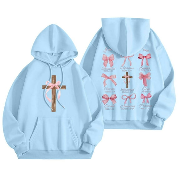 TrendOFT Cute Bow Graphic Hoodies for Women Oversized Pretty Sweatshirt for Teen Girls Y2K Long Sleeve Hooded Pullover Tops Light Blue XXL