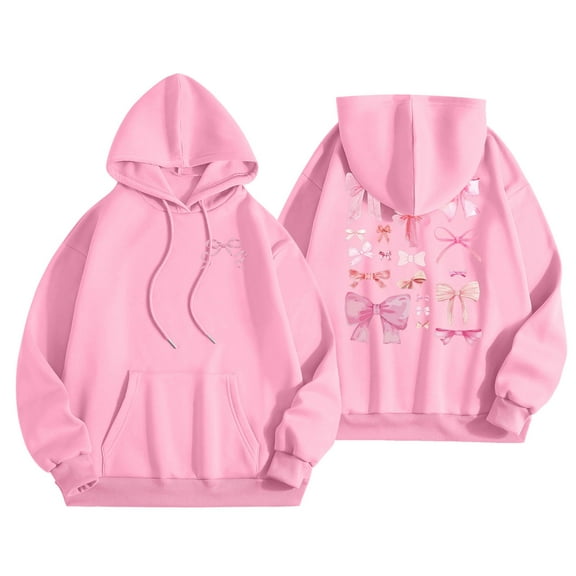 TrendOFT Cute Bow Graphic Hoodies for Women Oversized Pretty Sweatshirt for Teen Girls Y2K Long Sleeve Hooded Pullover Tops Pink M