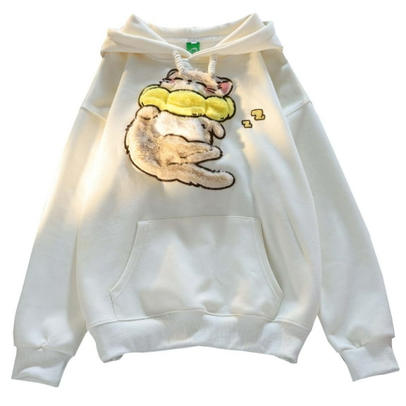 TrendOFT Cute Cat Embroidery Hoodies for Women Teen Girls Preppy Y2K Long Sleeve Oversized Animal Sweatshirt Top Beige M
