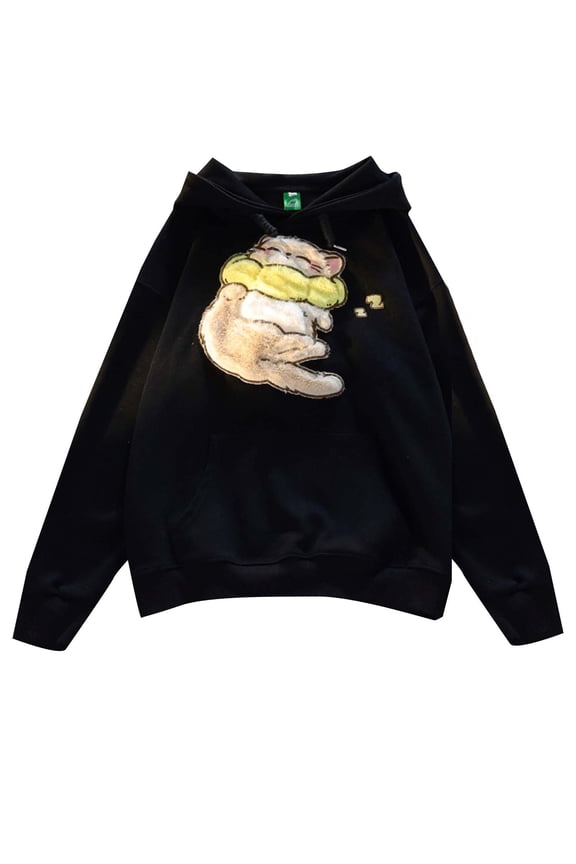 Cute Cat Embroidery Hoodies for Women Teen Girls Preppy Y2K Long Sleeve Oversized Animal Sweatshirt Top Black M