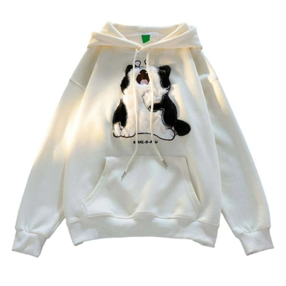 TrendOFT Cute Cat Graphic Embroidered Hoodies for Women Kawaii Cartoon Printed Hoodie Teen Girls Anime Print Hooded Sweatshirt Pullover Beige M