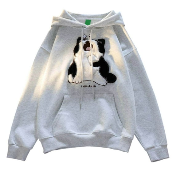TrendOFT Cute Cat Graphic Embroidered Hoodies for Women Kawaii Cartoon Printed Hoodie Teen Girls Anime Print Hooded Sweatshirt Pullover Grey M