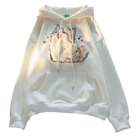 TrendOFT Cute Cat Graphic Embroidery Hoodies for Teen Girls Kawaii Cartoon Printed Hoodie Women Anime Print Hooded Sweatshirt Pullover Beige L