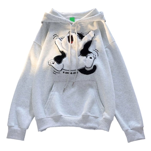TrendOFT Cute Cat Graphic Hoodies for Women Embroidered Hooded Sweatshirts Teen Girls Kawaii Cartoon Anime Lightweight Pullover Tops Grey XL