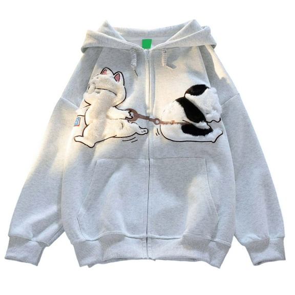 TrendOFT Cute Cat Graphic Hoodies for Teen Girls Kawaii Cartoon Embroidery Hoodie Women Anime Print Hooded Sweatshirt Pullover Grey M