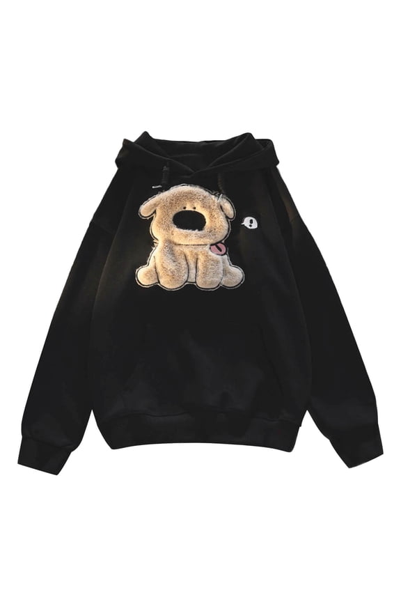 Cute Dog Graphic Hoodies for Women Embroidery Hooded Sweatshirts Teen Girls Kawaii Cartoon Anime Lightweight Pullover Tops Black XL