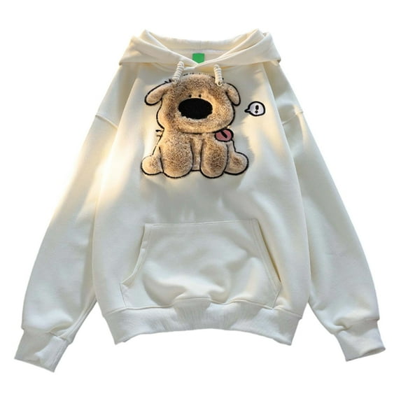 TrendOFT Cute Dog Graphic Hoodies for Women Embroidery Hooded Sweatshirts Teen Girls Kawaii Cartoon Anime Lightweight Pullover Tops Beige L