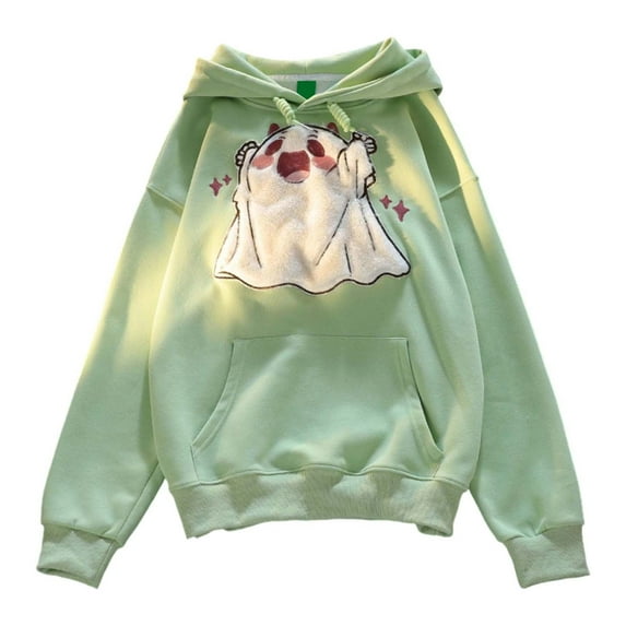 TrendOFT Cute Ghost Embroidered Hoodies for Women Hooded Sweatshirts Teen Girls Kawaii Cartoon Anime Lightweight Pullover Tops Green XL