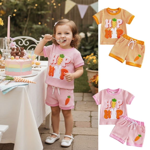 TrendOFT Cute Knit Easter Outfit Baby Girl Bunny Embroidered Stripe Tee And Shorts Two Piece Summer Outfits Set Pink 0-6 Months