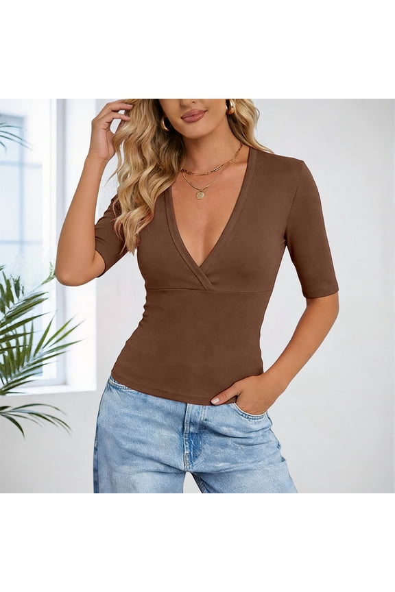 Deep V Neck Slim Tees Women Short Sleeve Crisscross Waist Cinched Comfort For Daily And Party Wear Fashion Tops