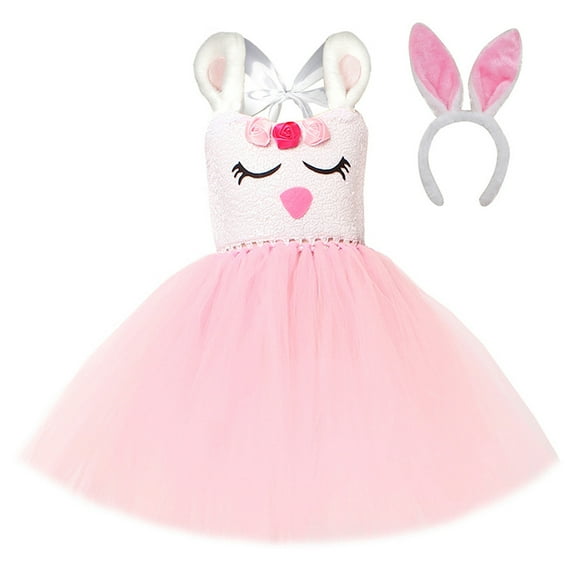 TrendOFT Easter Dresses for Girls Cute Bunny Print Tulle Tutu Dress Toddler Summer Kids Birthday Party Outfit Pink 6-7 Years
