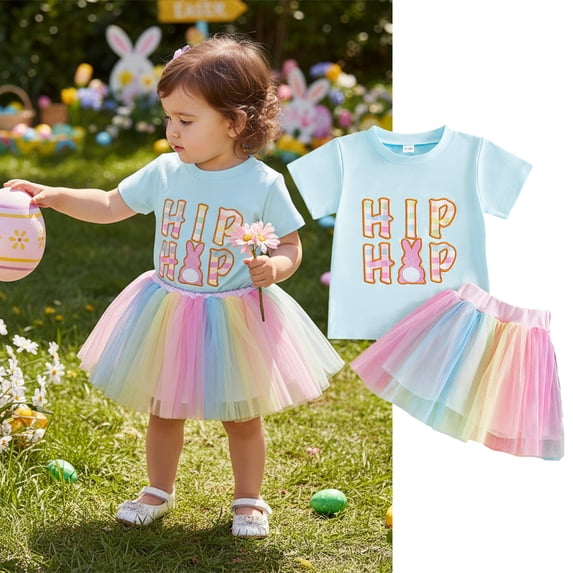 TrendOFT Easter Outfits for Baby Girl Cute Summer Outfit Short Sleeve Tee and Rainbow Mesh Tutu Skirt 2 Piece Toddler Clothing Set Blue 6-12 Months