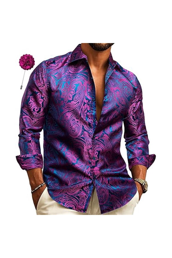 Everyday Wear Mens Long Sleeve Casual Tops Spread Collar Loose Fit Button Front Soft Blouse For Street And Semi Casual Mens Button Down Shirts Dark Purple